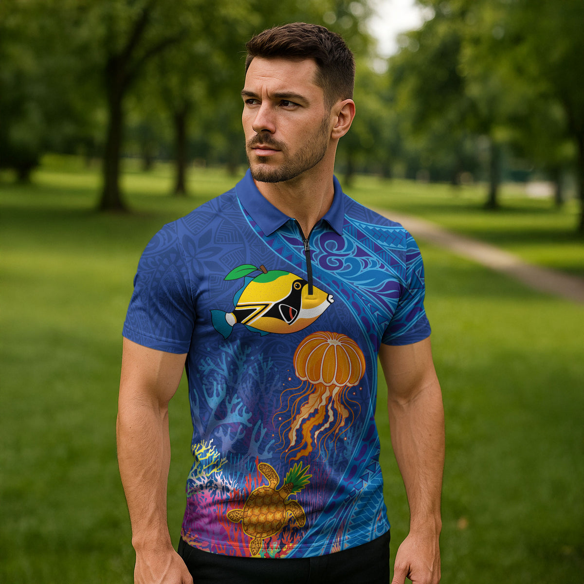 Hawaiian Funny Fruits Sea Animals Zipper Polo Shirt Mango Reef Triggerfish and Pineapple Turtle and Mandarin Jellyfish