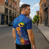 Hawaiian Funny Fruits Sea Animals Zipper Polo Shirt Mango Reef Triggerfish and Pineapple Turtle and Mandarin Jellyfish