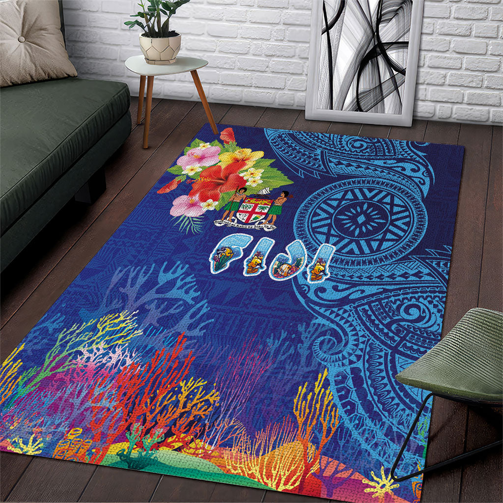 Fiji Day Area Rug Coral Reef with Tapa Motifs and Hibiscus Ocean Vibe