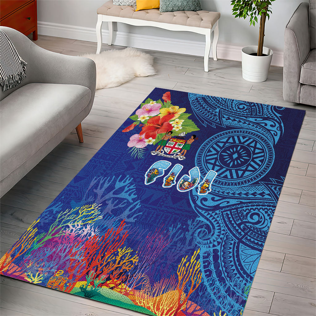 Fiji Day Area Rug Coral Reef with Tapa Motifs and Hibiscus Ocean Vibe