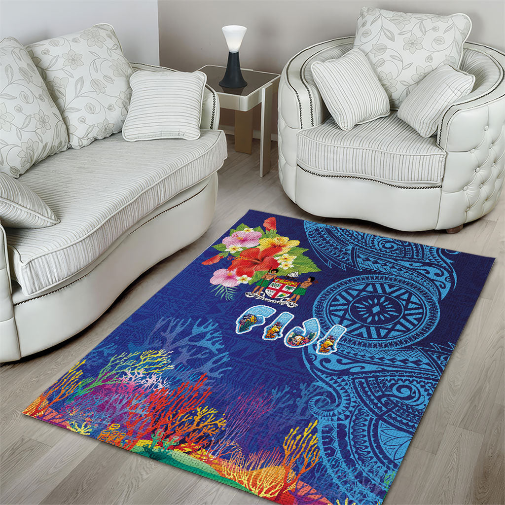 Fiji Day Area Rug Coral Reef with Tapa Motifs and Hibiscus Ocean Vibe