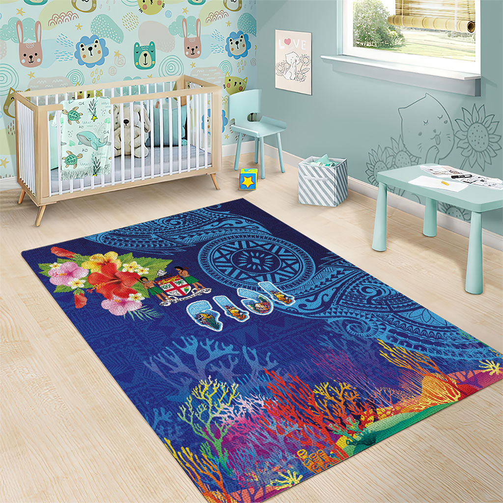 Fiji Day Area Rug Coral Reef with Tapa Motifs and Hibiscus Ocean Vibe