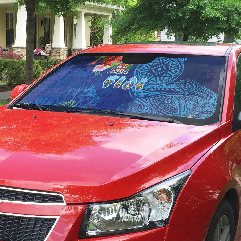 Fiji Day Auto Sun Shade Coral Reef with Tapa Motifs and Hibiscus Ocean Vibe