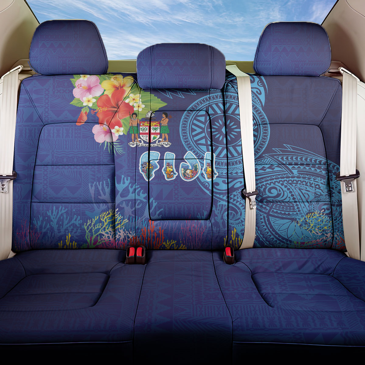 Fiji Day Back Car Seat Cover Coral Reef with Tapa Motifs and Hibiscus Ocean Vibe
