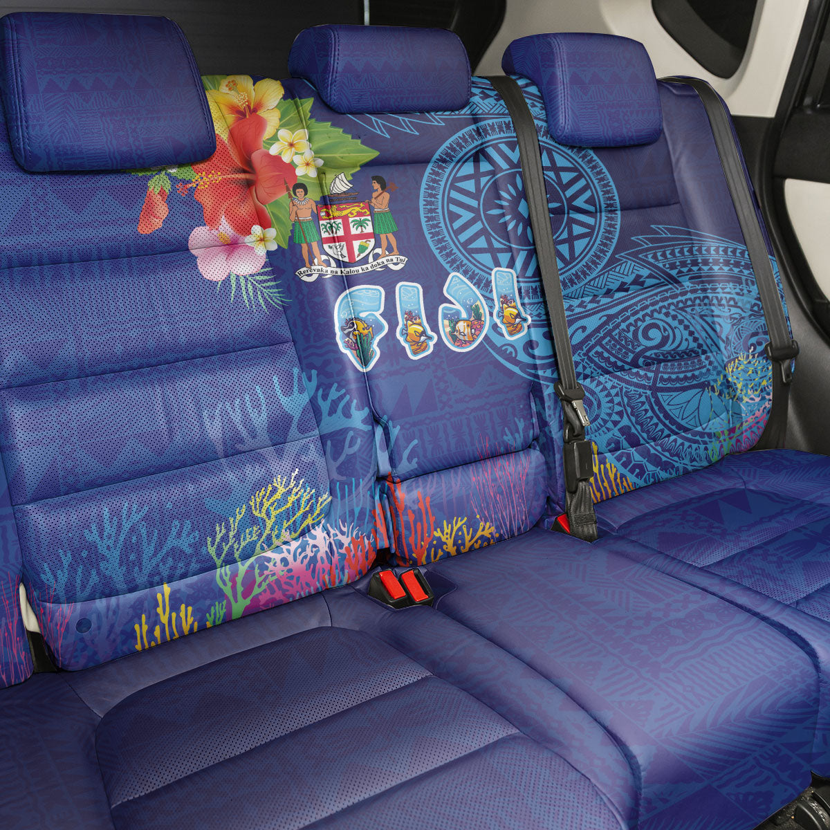 Fiji Day Back Car Seat Cover Coral Reef with Tapa Motifs and Hibiscus Ocean Vibe