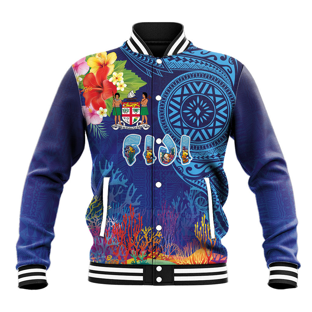 Fiji Day Baseball Jacket Coral Reef with Tapa Motifs and Hibiscus Ocean Vibe