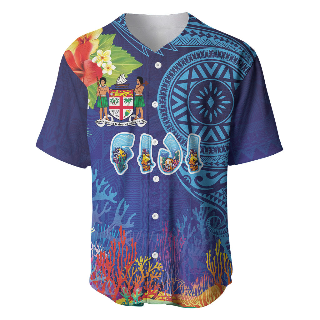 Fiji Day Baseball Jersey Coral Reef with Tapa Motifs and Hibiscus Ocean Vibe