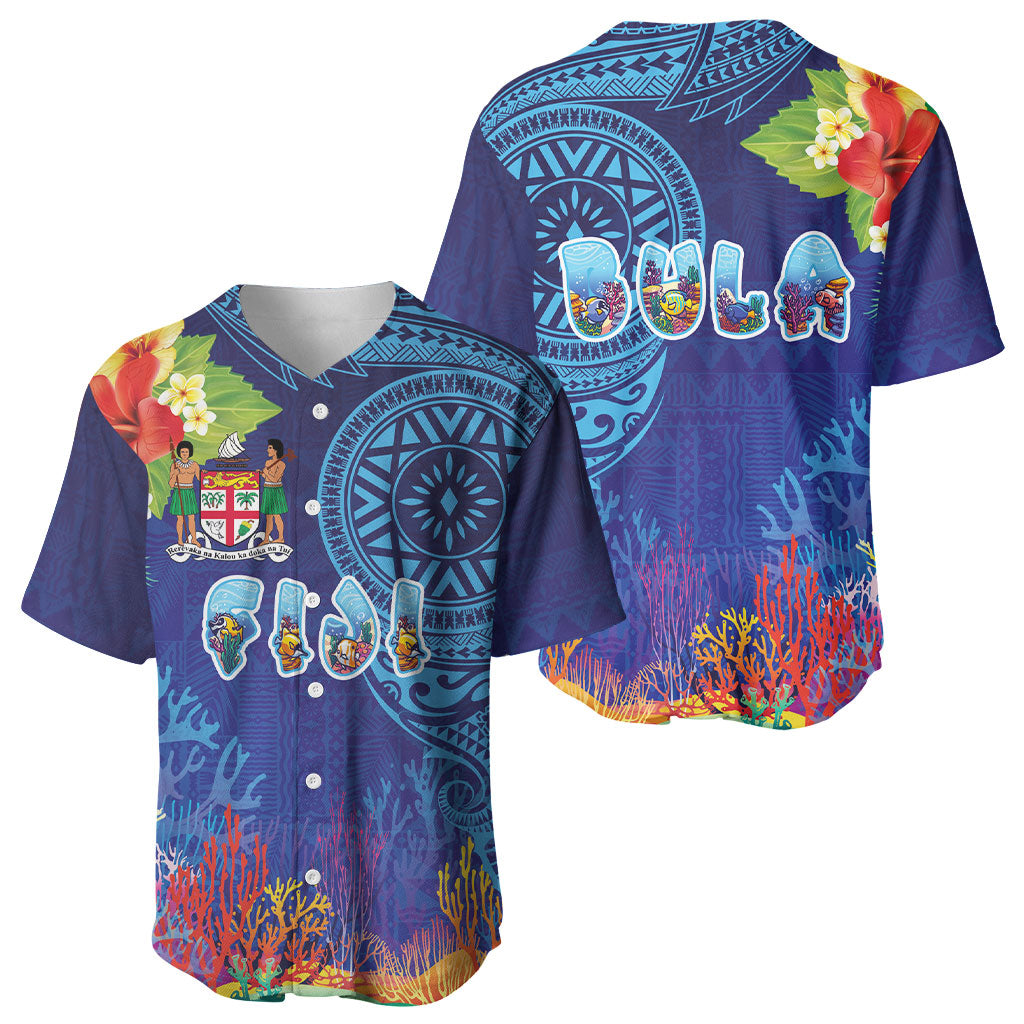 Fiji Day Baseball Jersey Coral Reef with Tapa Motifs and Hibiscus Ocean Vibe