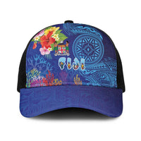 Fiji Day Baseball Net Cap Coral Reef with Tapa Motifs and Hibiscus Ocean Vibe