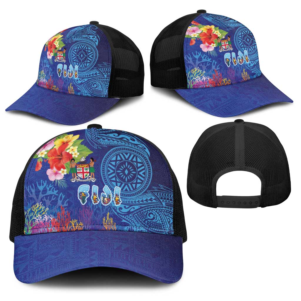 Fiji Day Baseball Net Cap Coral Reef with Tapa Motifs and Hibiscus Ocean Vibe