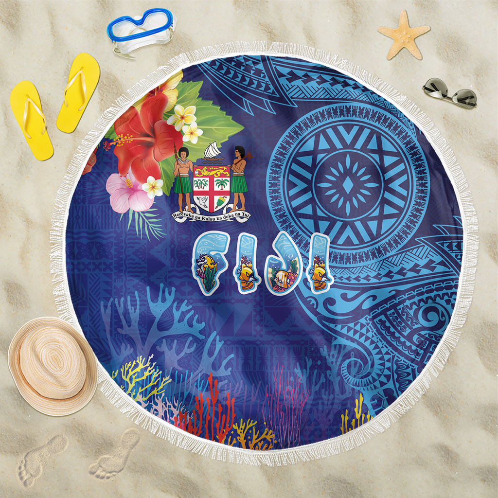 Fiji Day Beach Blanket Coral Reef with Tapa Motifs and Hibiscus Ocean Vibe