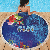 Fiji Day Beach Blanket Coral Reef with Tapa Motifs and Hibiscus Ocean Vibe