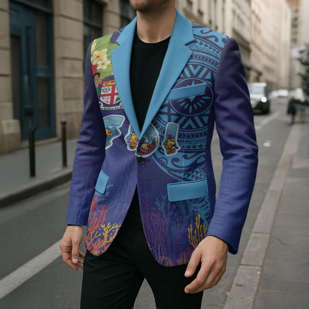 Fiji Day Blazer Coral Reef with Tapa Motifs and Hibiscus Ocean Vibe