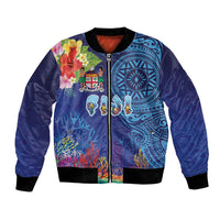 Fiji Day Bomber Jacket Coral Reef with Tapa Motifs and Hibiscus Ocean Vibe