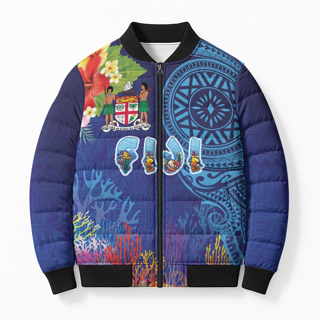Fiji Day Bomber Puffer Jacket Coral Reef with Tapa Motifs and Hibiscus Ocean Vibe
