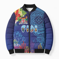 Fiji Day Bomber Puffer Jacket Coral Reef with Tapa Motifs and Hibiscus Ocean Vibe