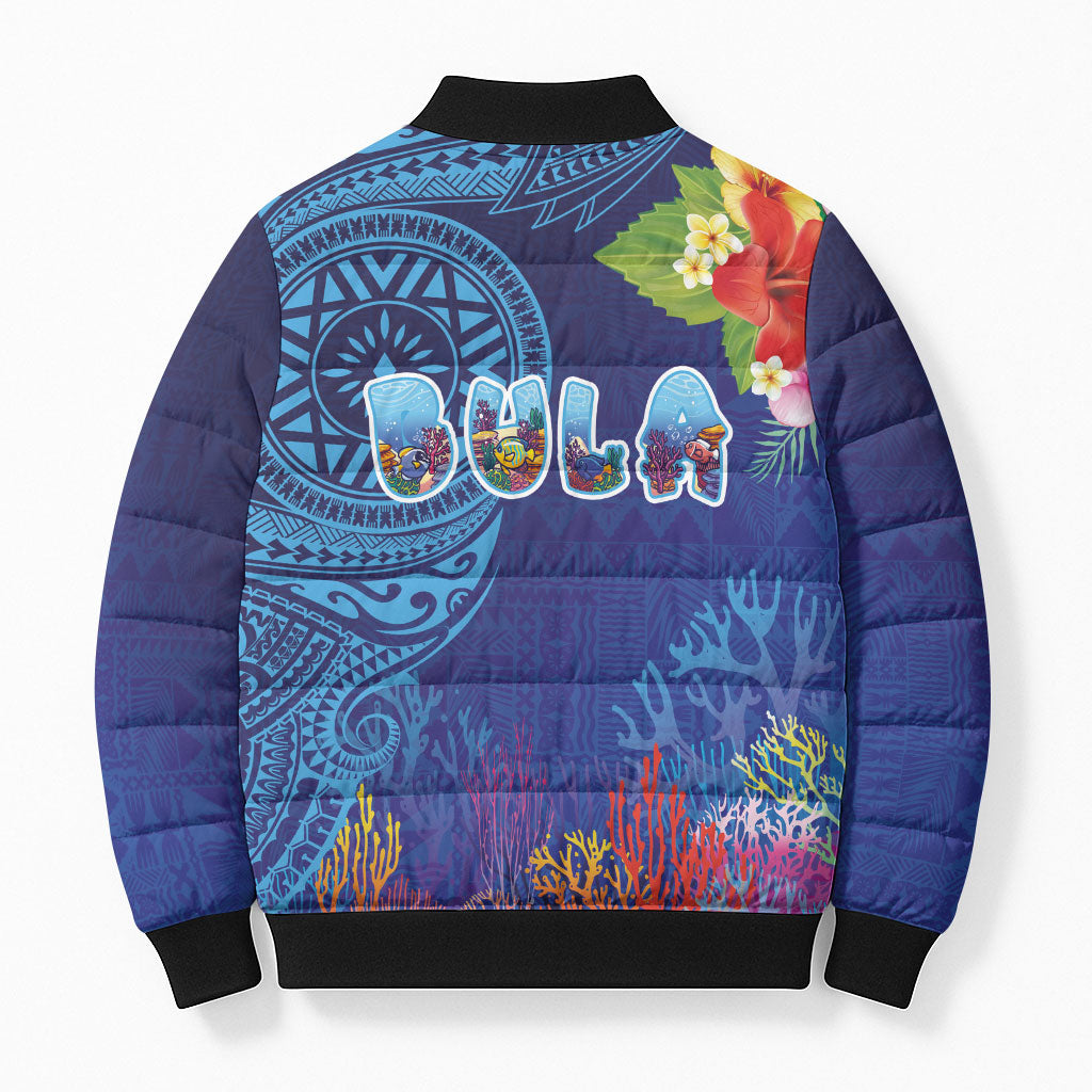 Fiji Day Bomber Puffer Jacket Coral Reef with Tapa Motifs and Hibiscus Ocean Vibe