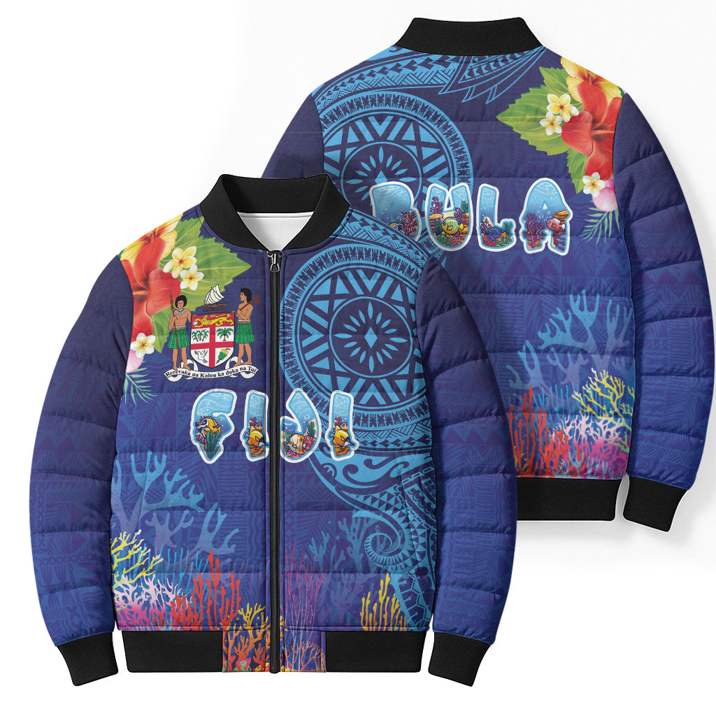 Fiji Day Bomber Puffer Jacket Coral Reef with Tapa Motifs and Hibiscus Ocean Vibe