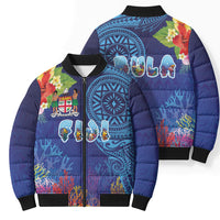 Fiji Day Bomber Puffer Jacket Coral Reef with Tapa Motifs and Hibiscus Ocean Vibe