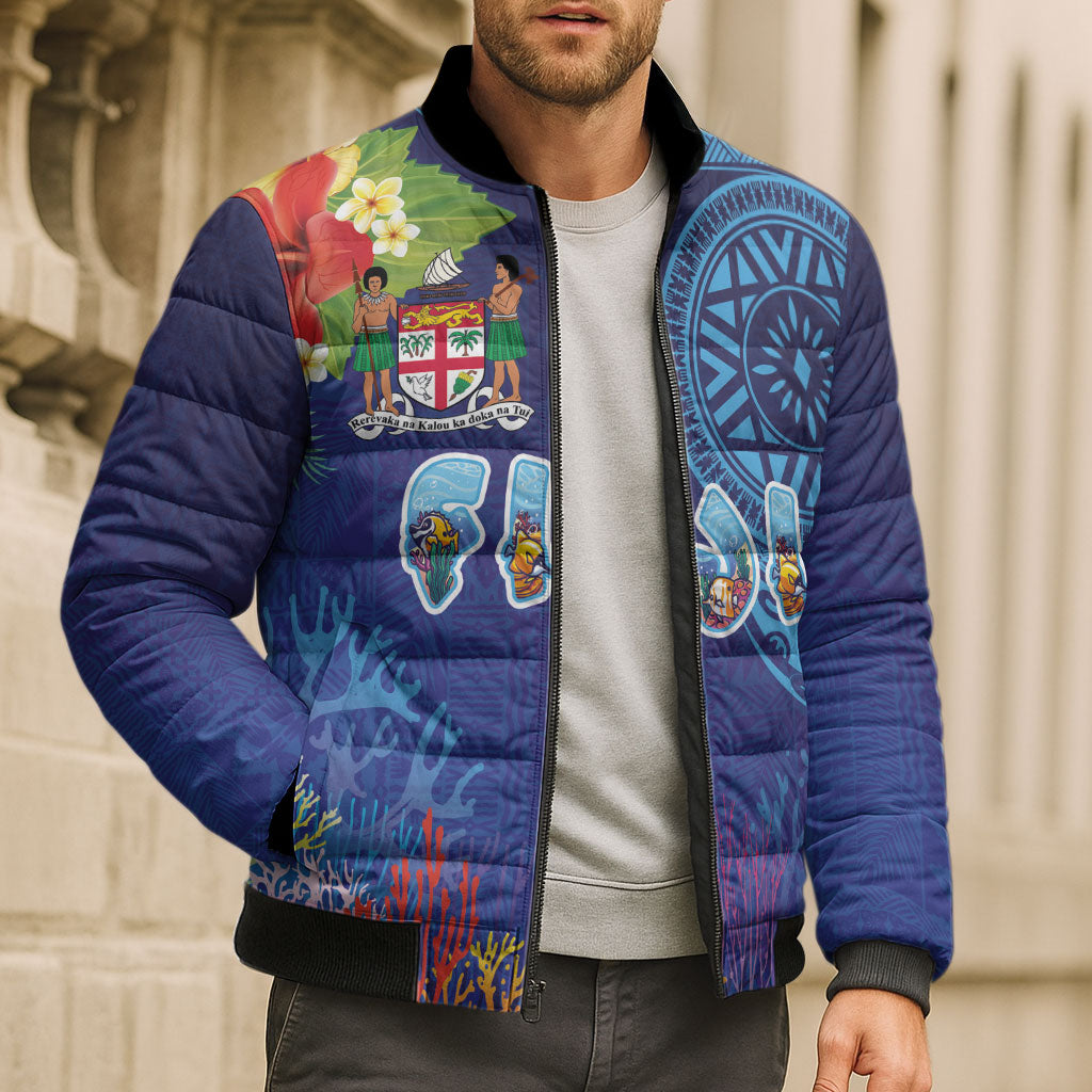 Fiji Day Bomber Puffer Jacket Coral Reef with Tapa Motifs and Hibiscus Ocean Vibe