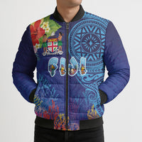 Fiji Day Bomber Puffer Jacket Coral Reef with Tapa Motifs and Hibiscus Ocean Vibe