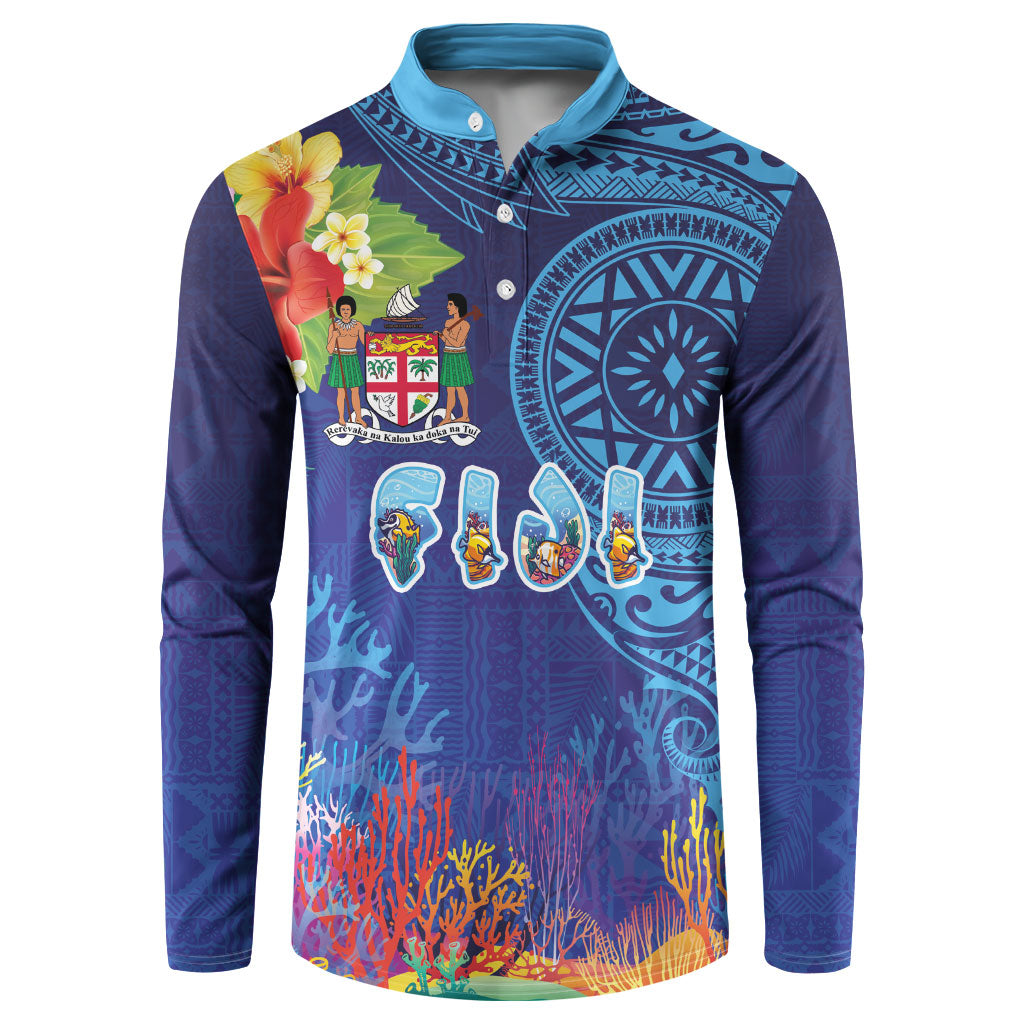 Fiji Day Button Sweatshirt Coral Reef with Tapa Motifs and Hibiscus Ocean Vibe