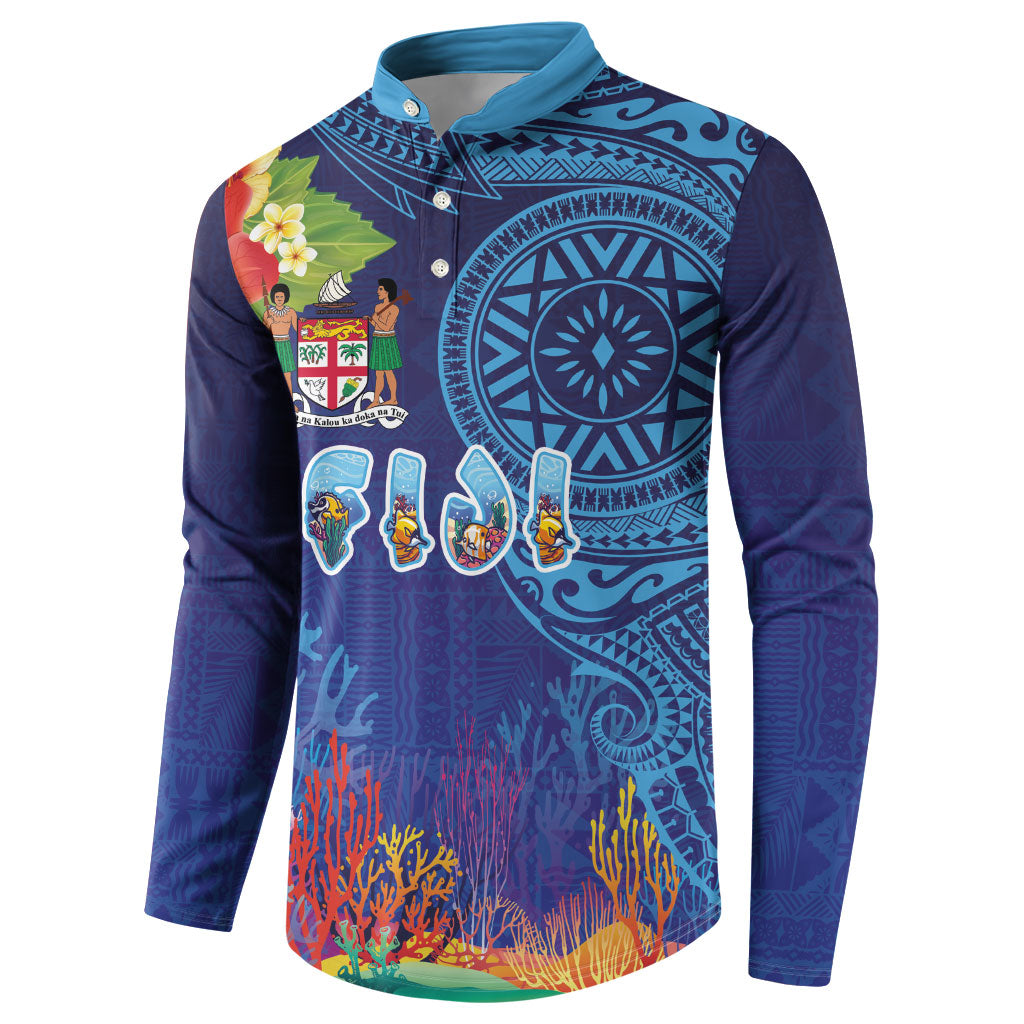 Fiji Day Button Sweatshirt Coral Reef with Tapa Motifs and Hibiscus Ocean Vibe