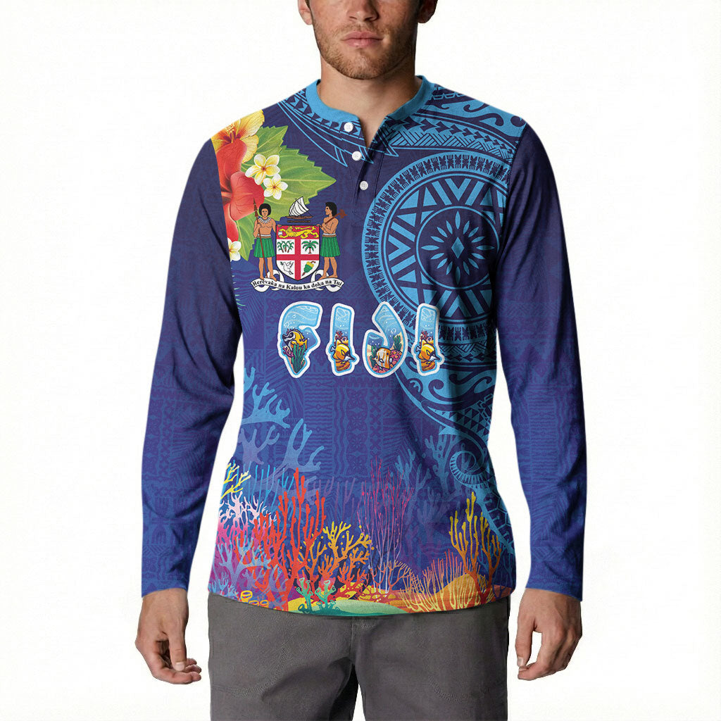 Fiji Day Button Sweatshirt Coral Reef with Tapa Motifs and Hibiscus Ocean Vibe