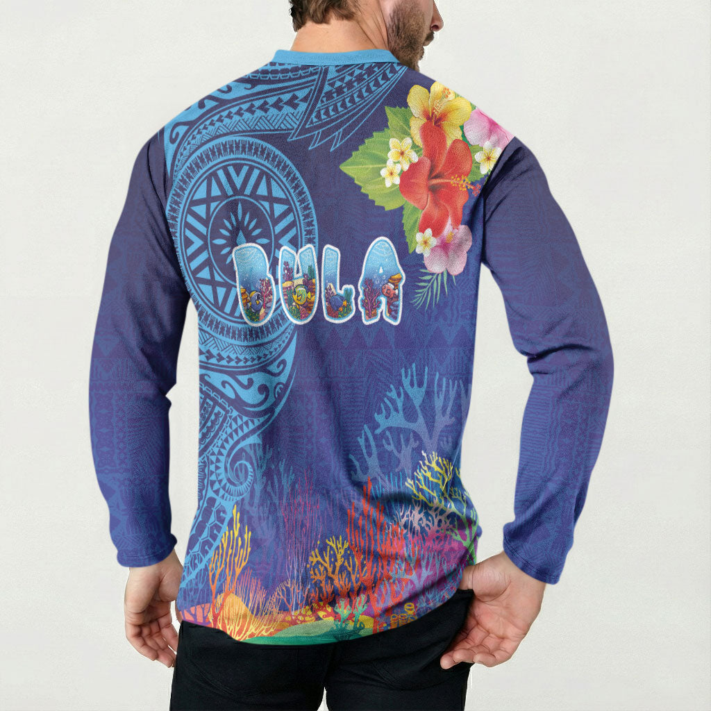 Fiji Day Button Sweatshirt Coral Reef with Tapa Motifs and Hibiscus Ocean Vibe