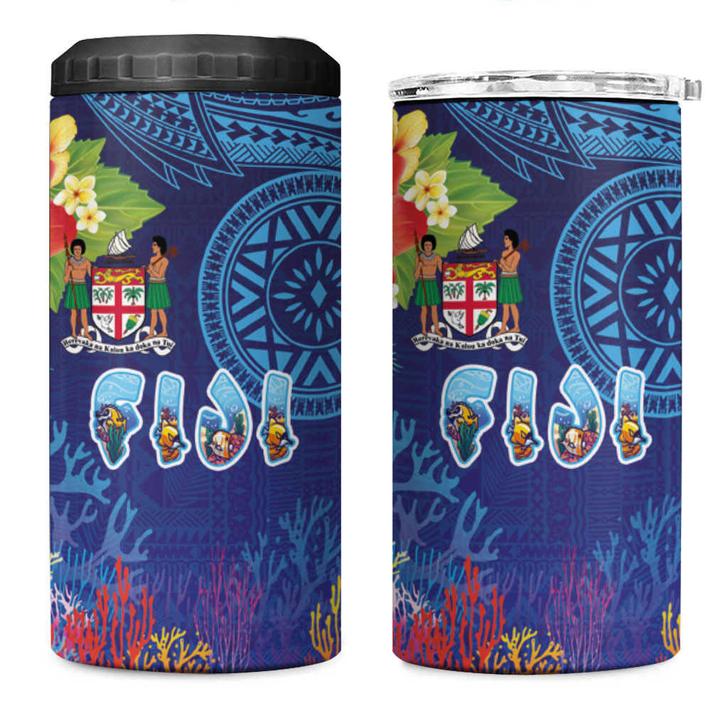 Fiji Day 4 in 1 Can Cooler Tumbler Coral Reef with Tapa Motifs and Hibiscus Ocean Vibe
