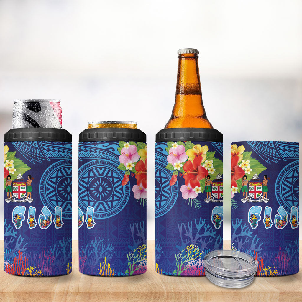 Fiji Day 4 in 1 Can Cooler Tumbler Coral Reef with Tapa Motifs and Hibiscus Ocean Vibe