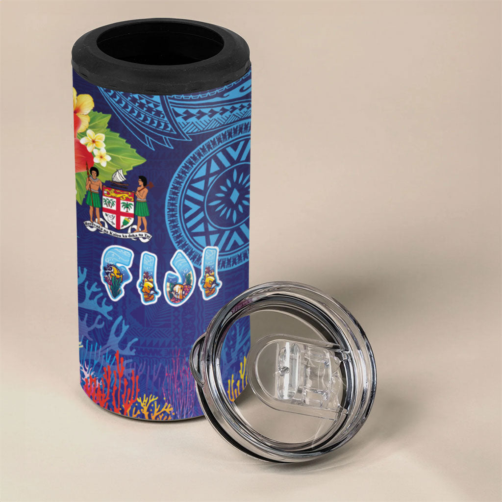 Fiji Day 4 in 1 Can Cooler Tumbler Coral Reef with Tapa Motifs and Hibiscus Ocean Vibe