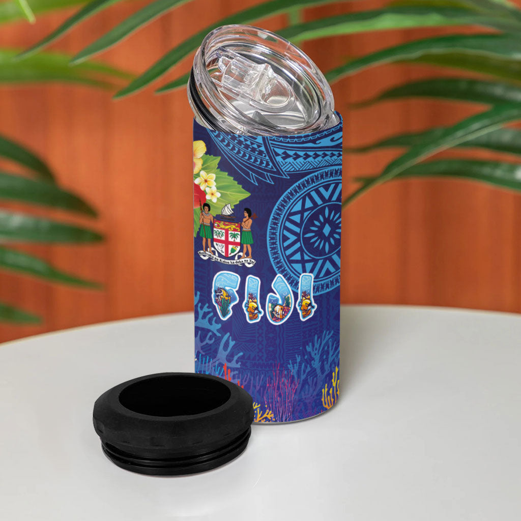 Fiji Day 4 in 1 Can Cooler Tumbler Coral Reef with Tapa Motifs and Hibiscus Ocean Vibe