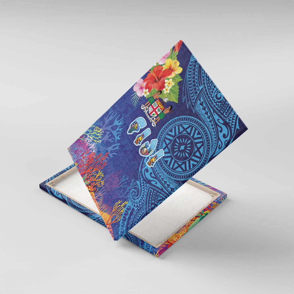 Fiji Day Canvas Wall Art Coral Reef with Tapa Motifs and Hibiscus Ocean Vibe