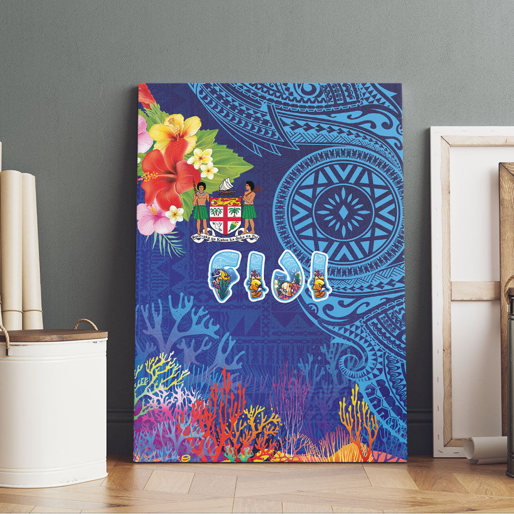 Fiji Day Canvas Wall Art Coral Reef with Tapa Motifs and Hibiscus Ocean Vibe