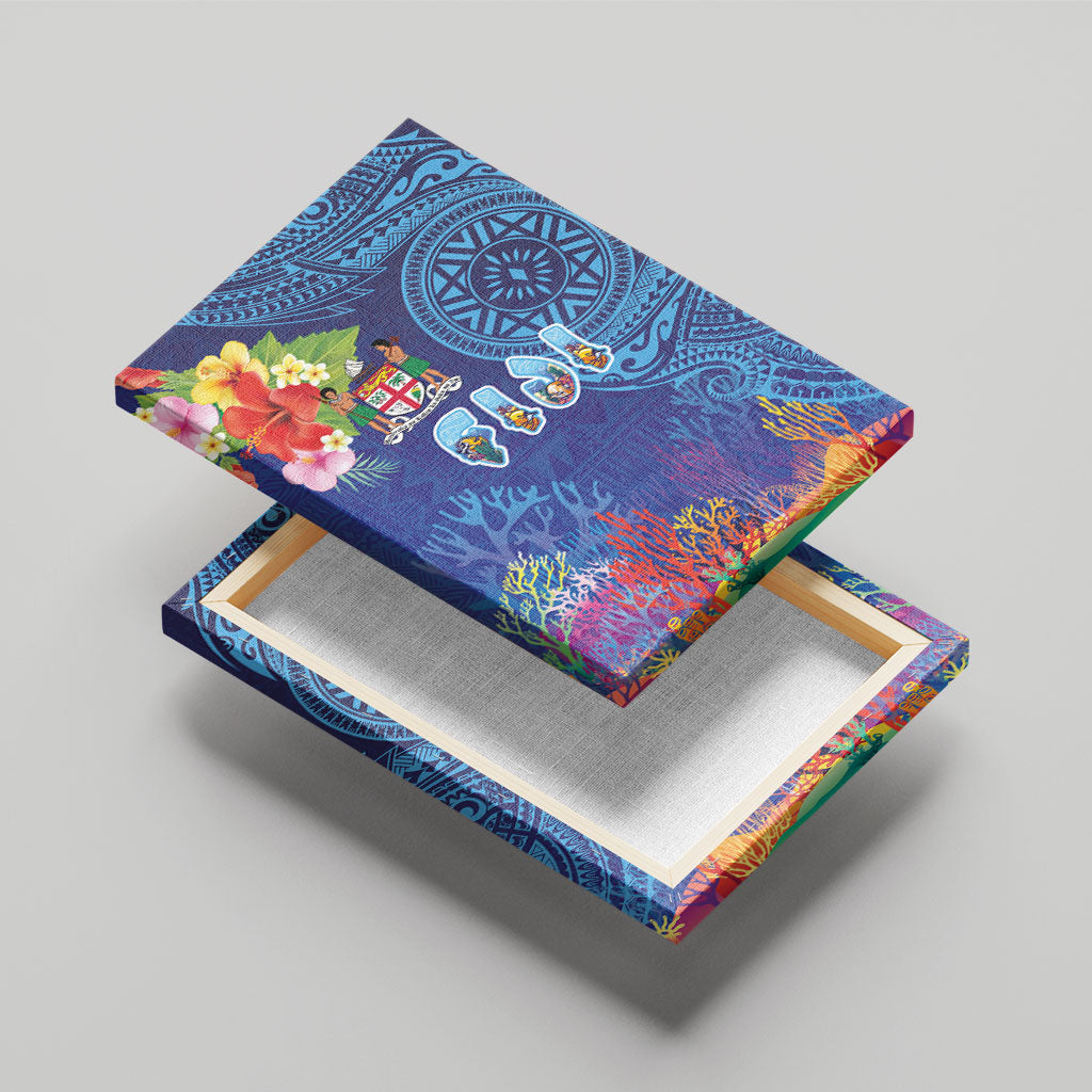 Fiji Day Canvas Wall Art Coral Reef with Tapa Motifs and Hibiscus Ocean Vibe