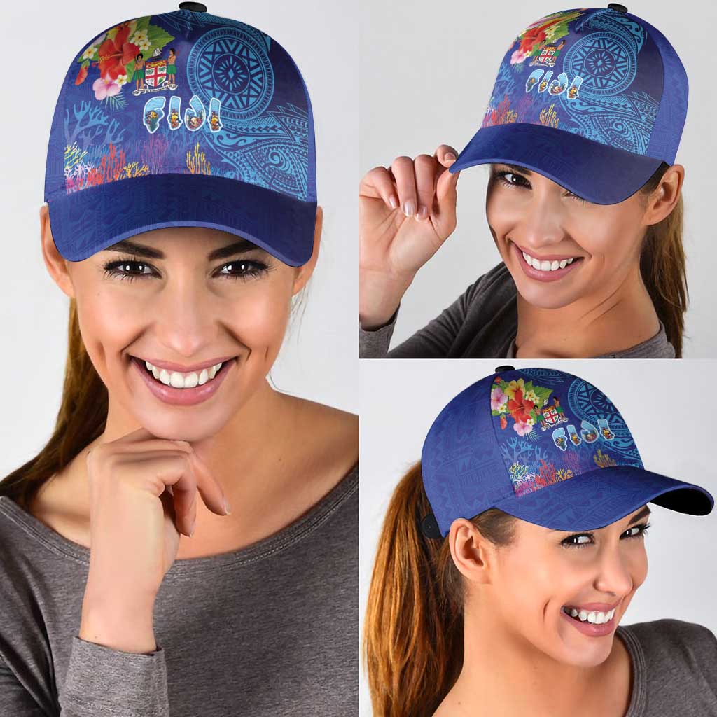Fiji Day Classic Cap Coral Reef with Tapa Motifs and Hibiscus Ocean Vibe