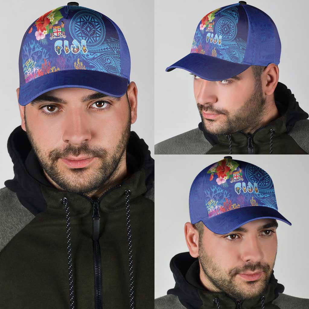 Fiji Day Classic Cap Coral Reef with Tapa Motifs and Hibiscus Ocean Vibe