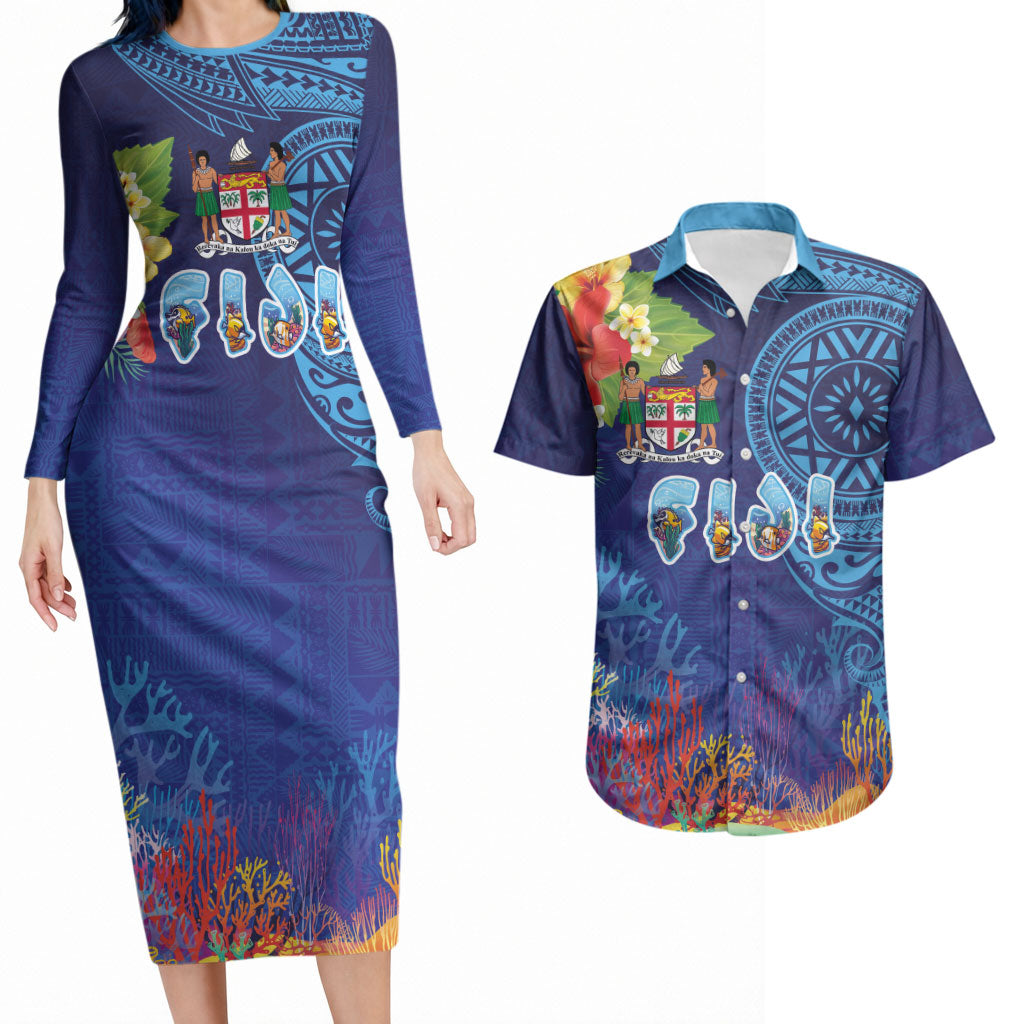 Fiji Day Couples Matching Long Sleeve Bodycon Dress and Hawaiian Shirt Coral Reef with Tapa Motifs and Hibiscus Ocean Vibe