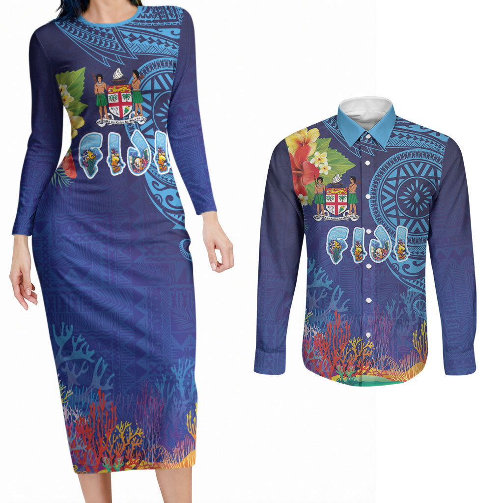 Fiji Day Couples Matching Long Sleeve Bodycon Dress and Long Sleeve Button Shirt Coral Reef with Tapa Motifs and Hibiscus Ocean Vibe