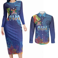 Fiji Day Couples Matching Long Sleeve Bodycon Dress and Long Sleeve Button Shirt Coral Reef with Tapa Motifs and Hibiscus Ocean Vibe