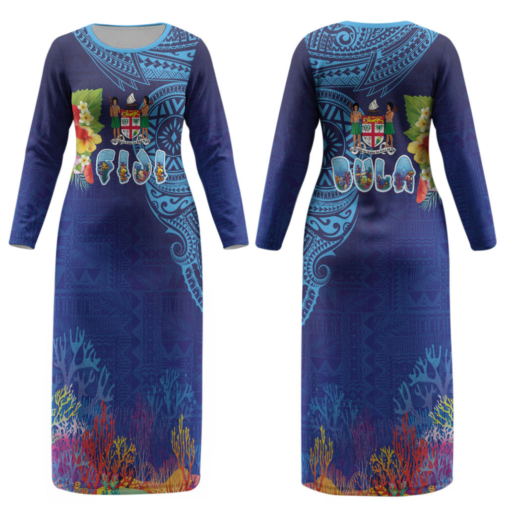 Fiji Day Couples Matching Long Sleeve Bodycon Dress and Long Sleeve Button Shirt Coral Reef with Tapa Motifs and Hibiscus Ocean Vibe