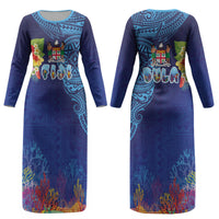 Fiji Day Couples Matching Long Sleeve Bodycon Dress and Long Sleeve Button Shirt Coral Reef with Tapa Motifs and Hibiscus Ocean Vibe