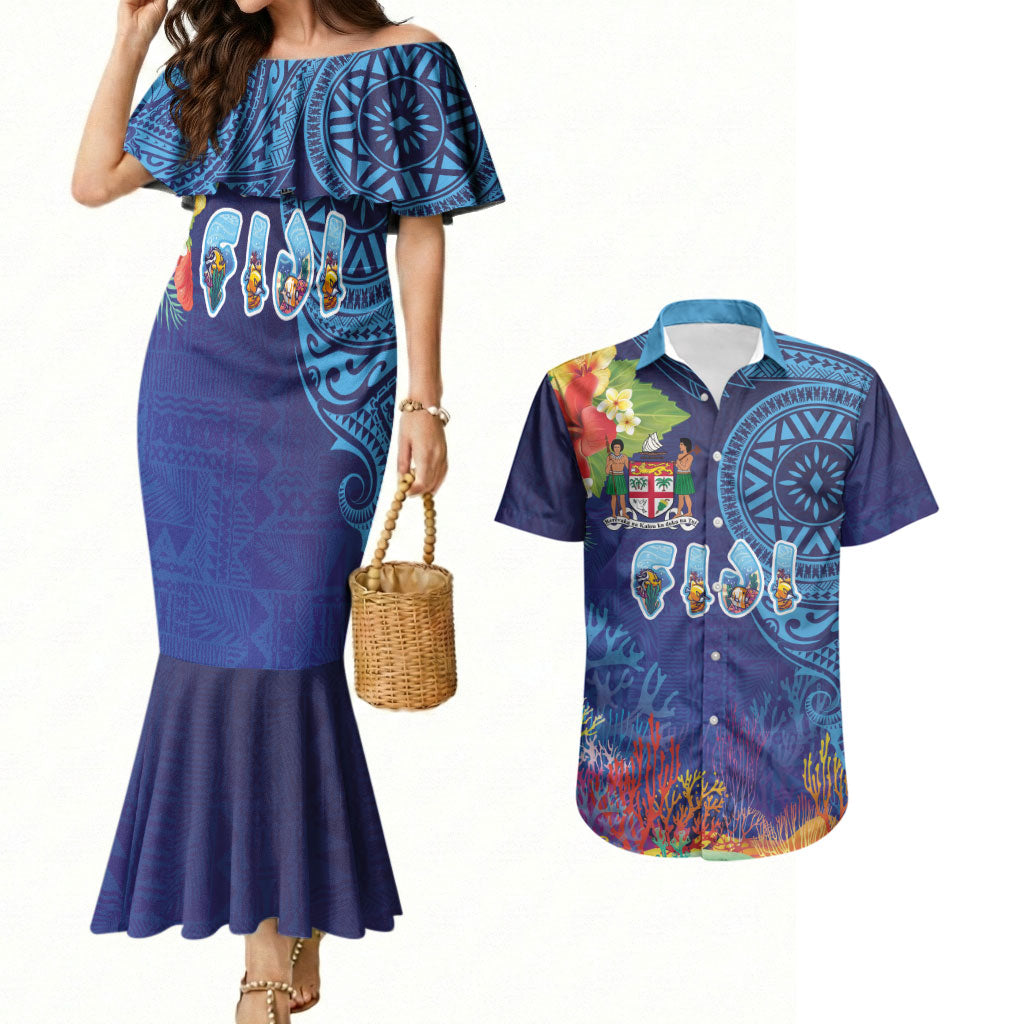 Fiji Day Couples Matching Mermaid Dress and Hawaiian Shirt Coral Reef with Tapa Motifs and Hibiscus Ocean Vibe