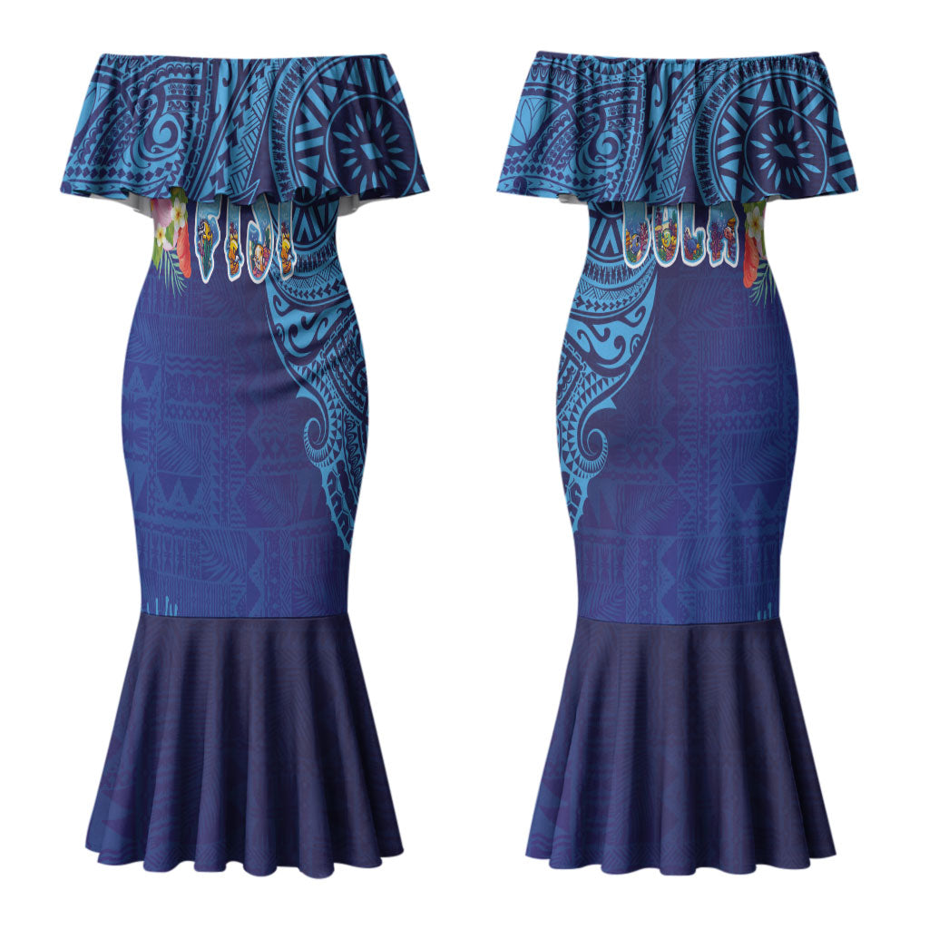 Fiji Day Couples Matching Mermaid Dress and Hawaiian Shirt Coral Reef with Tapa Motifs and Hibiscus Ocean Vibe