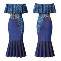 Fiji Day Couples Matching Mermaid Dress and Long Sleeve Button Shirt Coral Reef with Tapa Motifs and Hibiscus Ocean Vibe