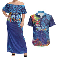 Fiji Day Couples Matching Off Shoulder Maxi Dress and Hawaiian Shirt Coral Reef with Tapa Motifs and Hibiscus Ocean Vibe
