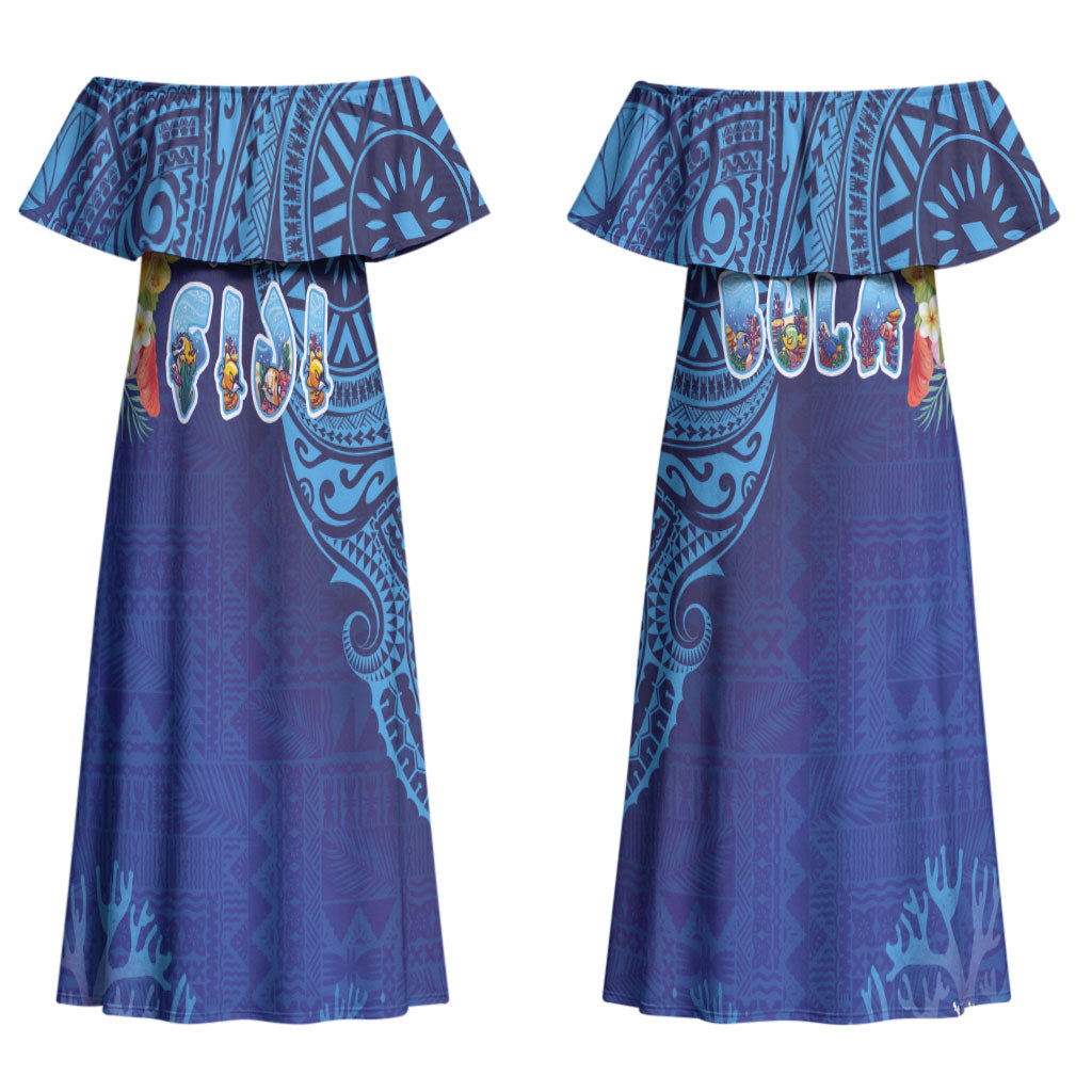 Fiji Day Couples Matching Off Shoulder Maxi Dress and Hawaiian Shirt Coral Reef with Tapa Motifs and Hibiscus Ocean Vibe