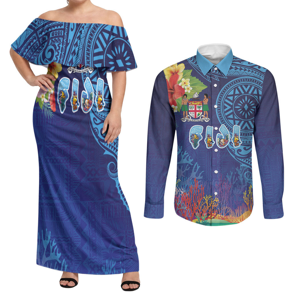 Fiji Day Couples Matching Off Shoulder Maxi Dress and Long Sleeve Button Shirt Coral Reef with Tapa Motifs and Hibiscus Ocean Vibe