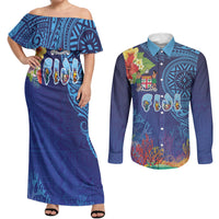 Fiji Day Couples Matching Off Shoulder Maxi Dress and Long Sleeve Button Shirt Coral Reef with Tapa Motifs and Hibiscus Ocean Vibe